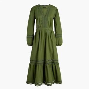 J.Crew Green Eyelet Trim Poplin Midi Prairie Dress